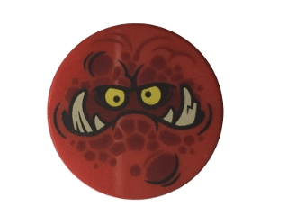 Lego alkatrész - Red Tile, Round 2x2 with Bottom Stud Holder with Globlin Face with Large Teeth Pattern