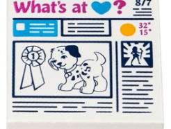 Lego alkatrész - White Tile 2x2 with Prize Ribbon, Dog and 'What's at Heart?' Newspaper Pattern