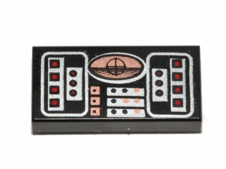 Lego alkatrész - Black Tile 1x2 with Avionics SW Copper, Red & Silver Pattern