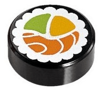 Lego alkatrész - Black Tile, Round 1x1 with Sushi Salmon Maki Roll Pattern