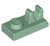 Lego alkatrész - Sand Green Plate, Modified 1x2 with Clip on Top